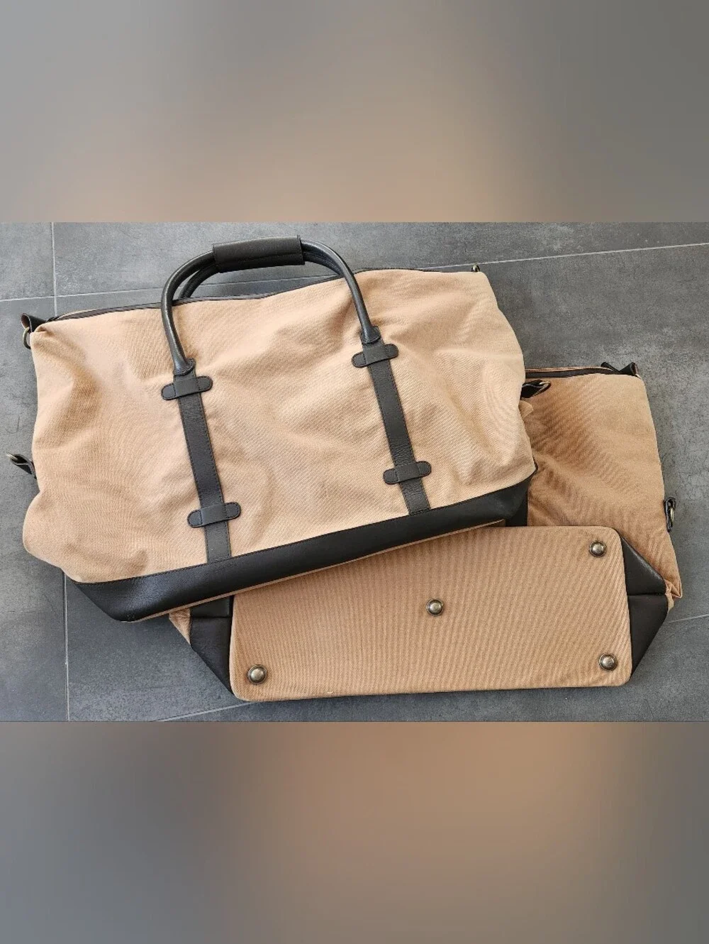 2 GAP Tan Canvas Duffel Bags with Brown Trim